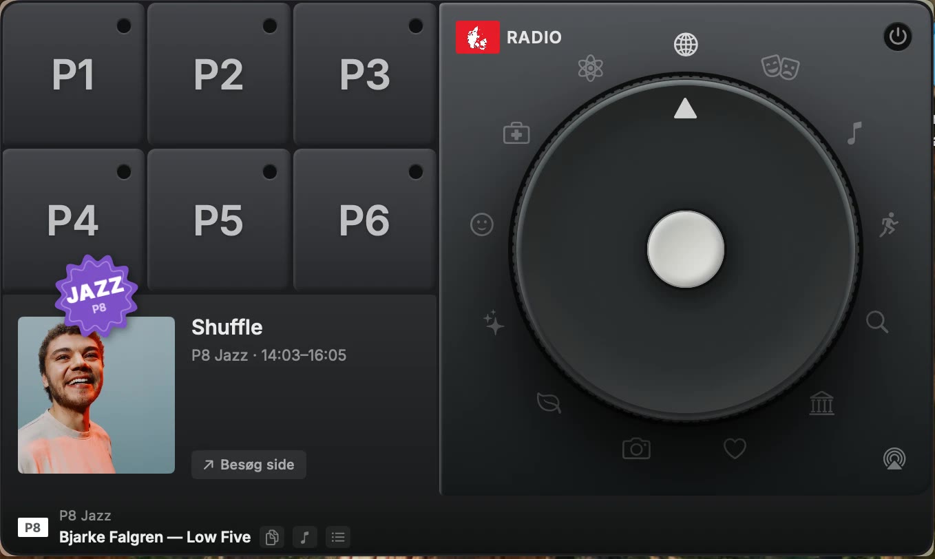 The DK Dial panel: six numbered station pads on the left with a purple JAZZ sticker, the programme Shuffle on P8 Jazz below them with its image and broadcast time, and on the right a large dial ringed with thirteen theme icons and a power symbol in the corner.
