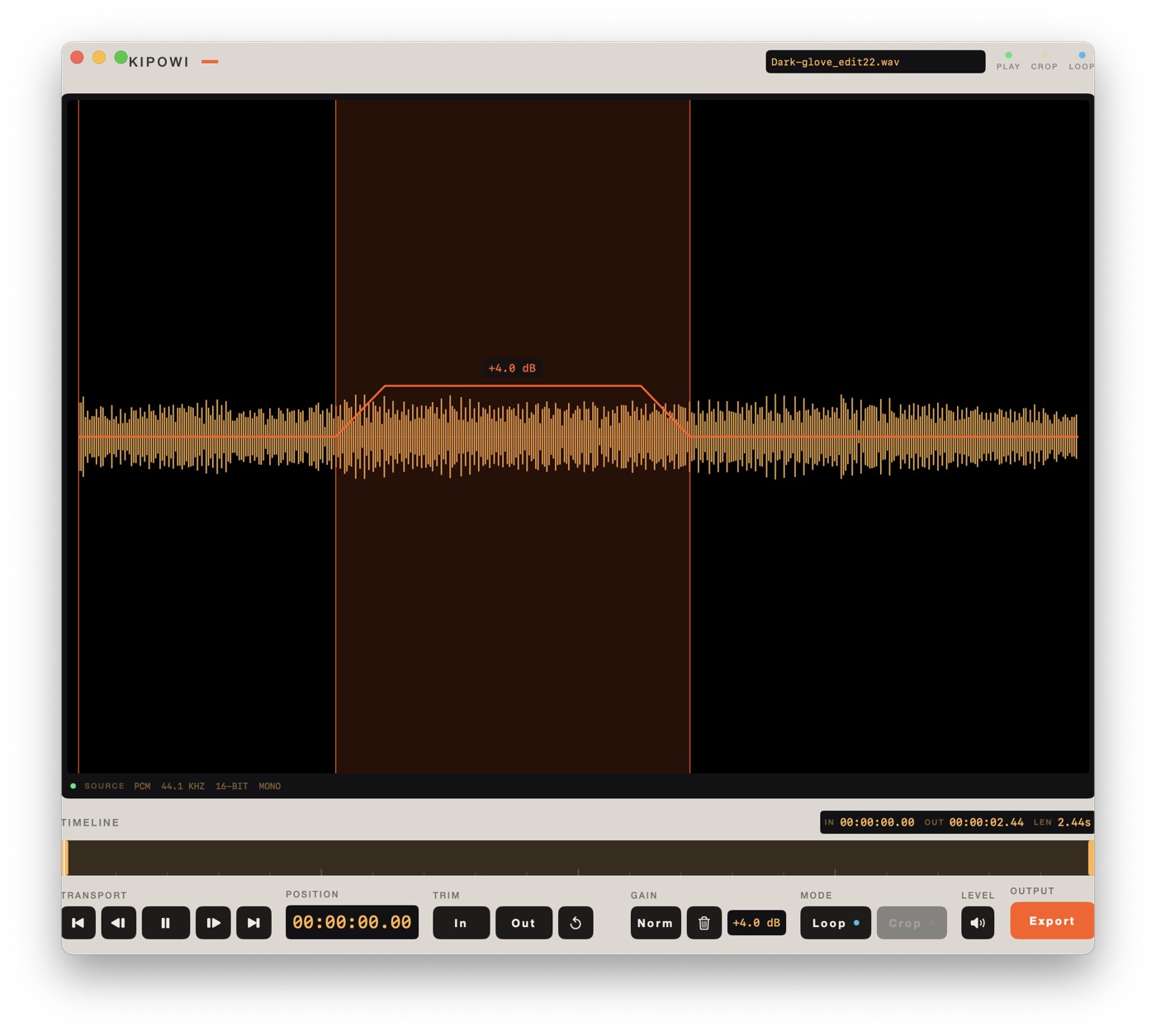 An audio file shown as a waveform, with a marked region raised by 4.0 dB and a ramp drawn into and out of it.