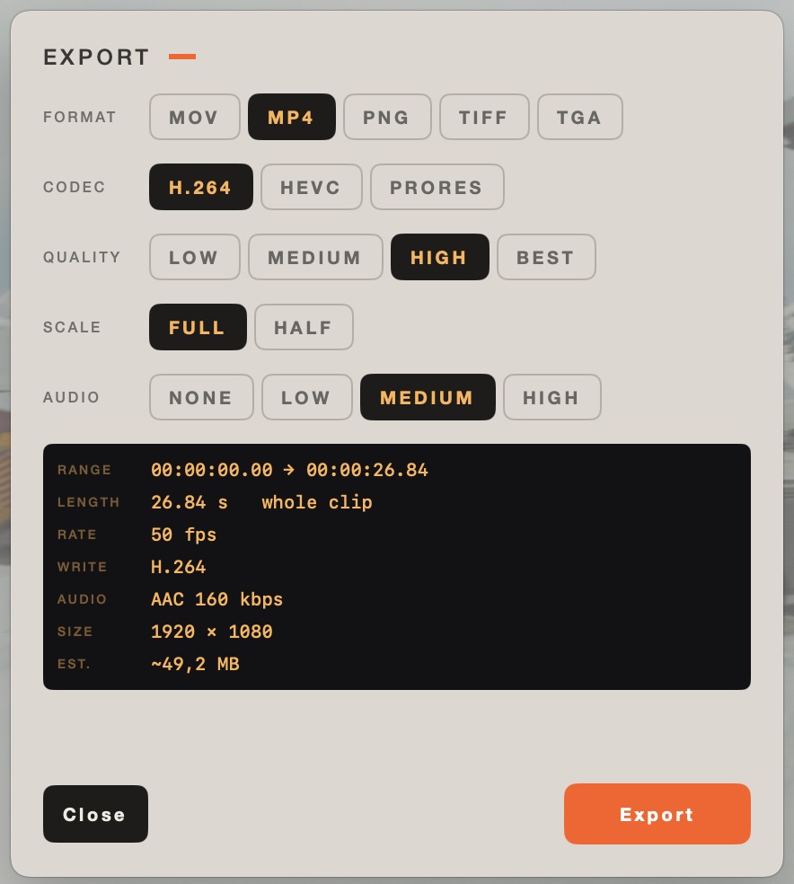 The export panel: format MOV, MP4, PNG, TIFF or TGA, codec H.264, HEVC or ProRes, quality low to best, scale full or half, audio none to high, and a summary block listing range, length, rate, codec, audio bitrate, size and estimated file size.