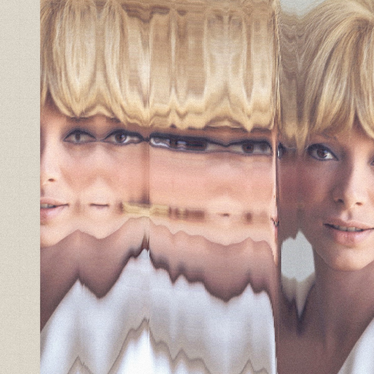 Colour scan of a portrait smeared horizontally into repeating bands, the face stretched and duplicated across the frame.