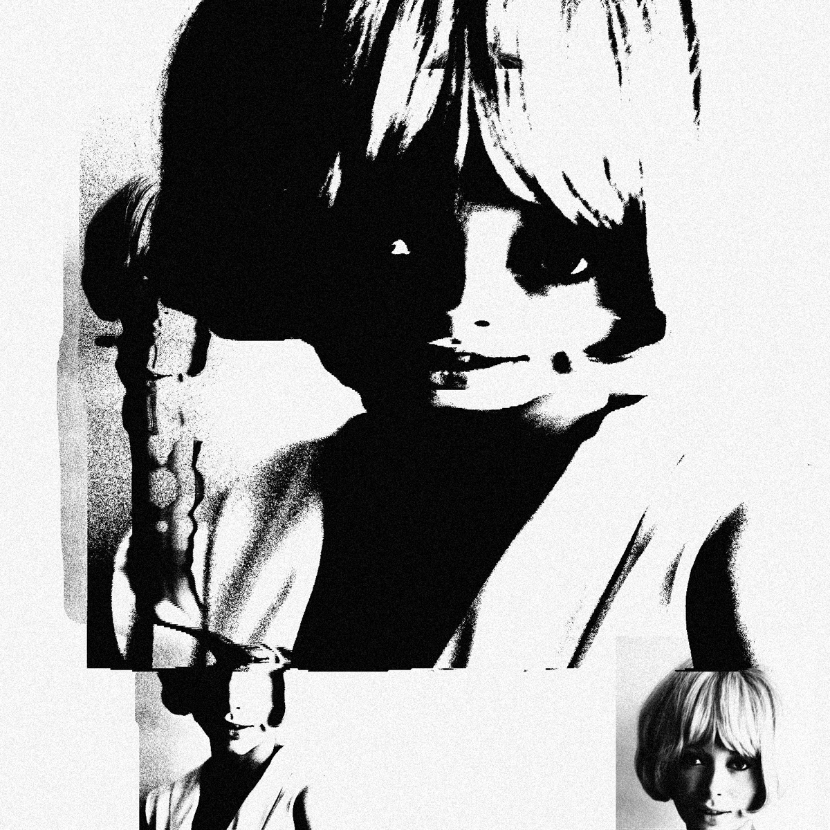 High contrast black and white scan of a portrait, stretched and torn into offset bands with heavy copier grain.