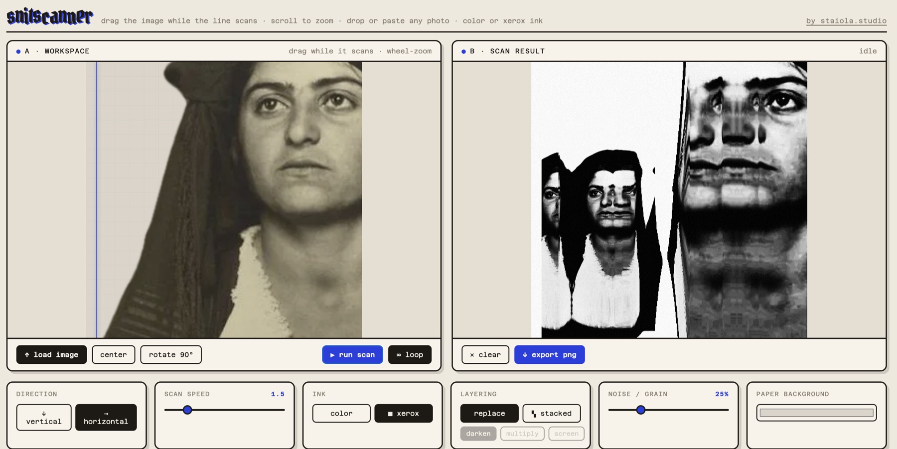 The snitscanner interface: a workspace pane on the left with a portrait being scanned, and the scan result on the right, with controls for direction, scan speed, ink, layering, noise and paper background.